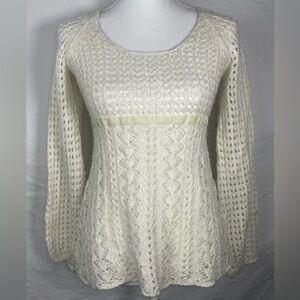 A.N.A. Crochet Sweater-Scoop Neck-S-Ivory W/Silver-Ribbon Tie